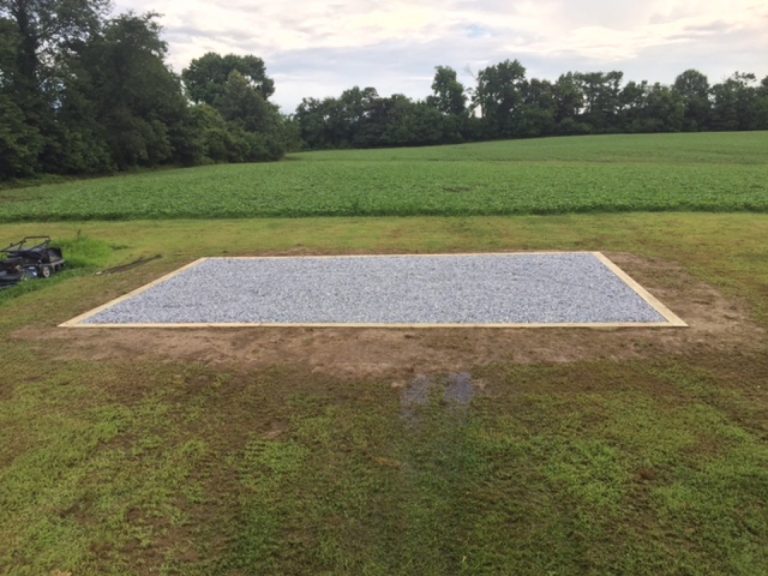 A gravel shed foundation installed in Centerville, Maryland