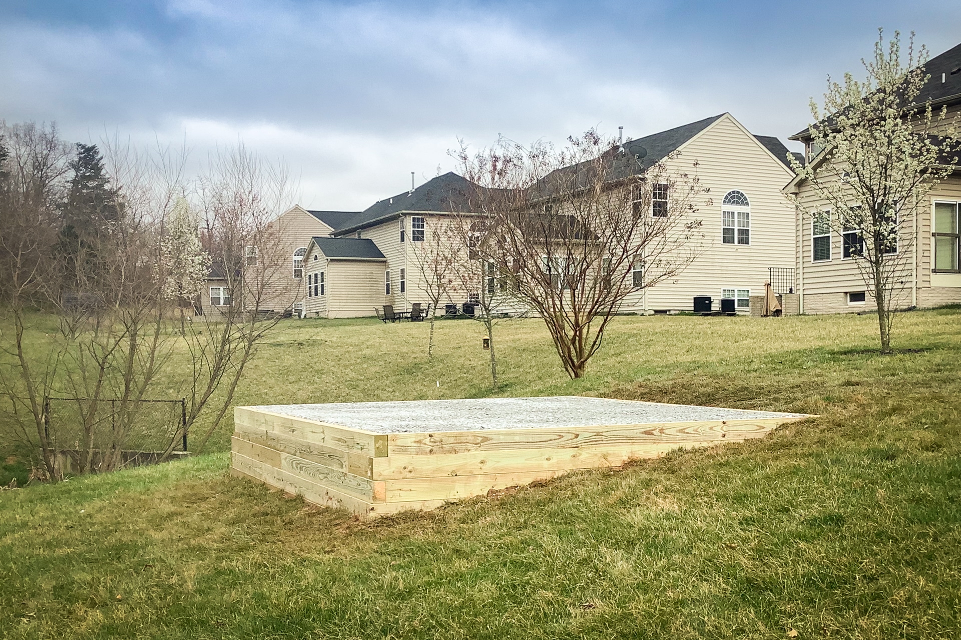 A shed foundation made from crushed stone