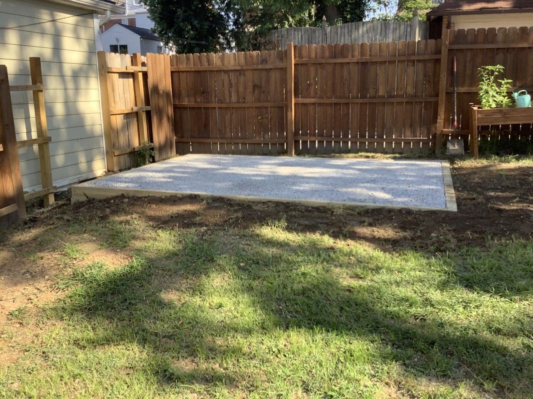 A crushed stone shed foundation in Washington, D.C.