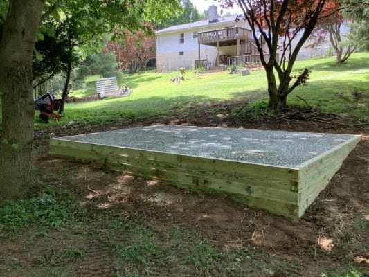 A crushed stone foundation for a shed in Sykesville, MD