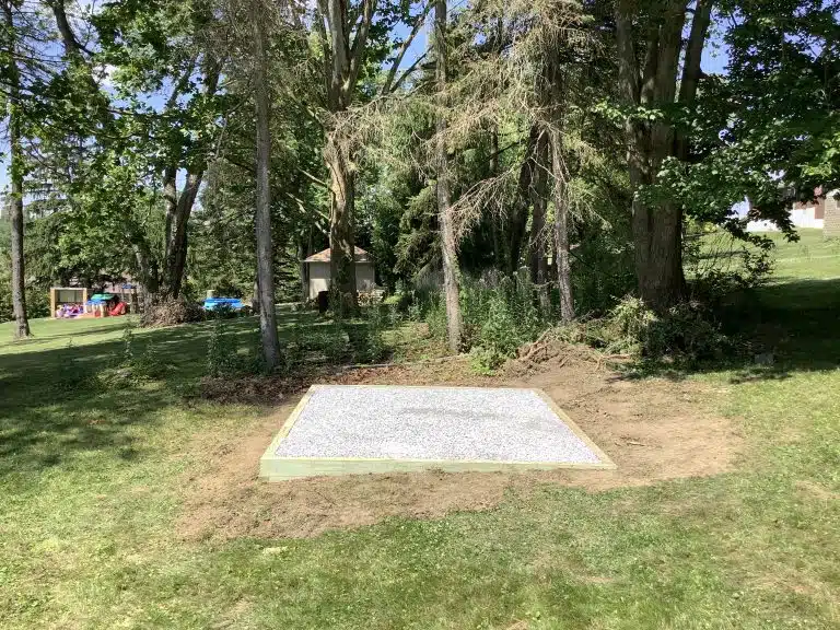 A crushed stone foundation for a shed in North Huntingdon, PA