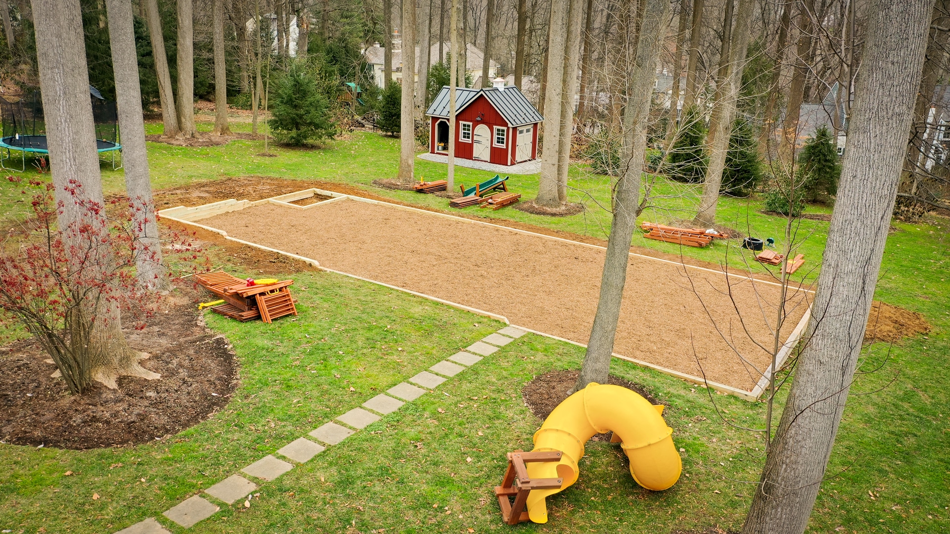 Gap, PA A swingset base built with wood chips and a crushed stone foundation